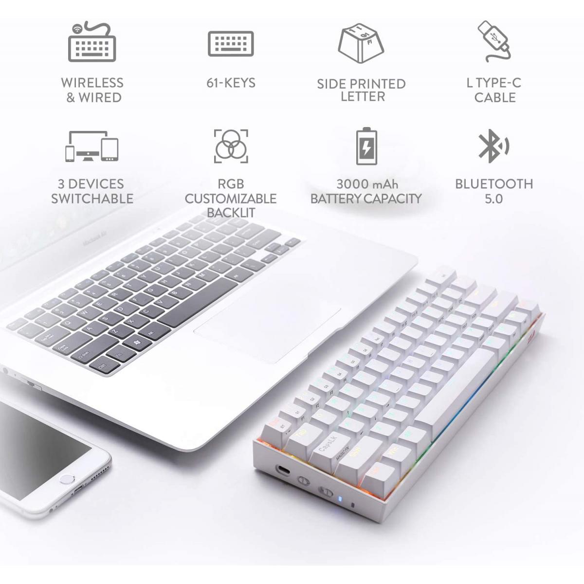 Redragon K530 RGB 61 Keys USB-C & Bluetooth for PC, Laptop, Cell Phone - White