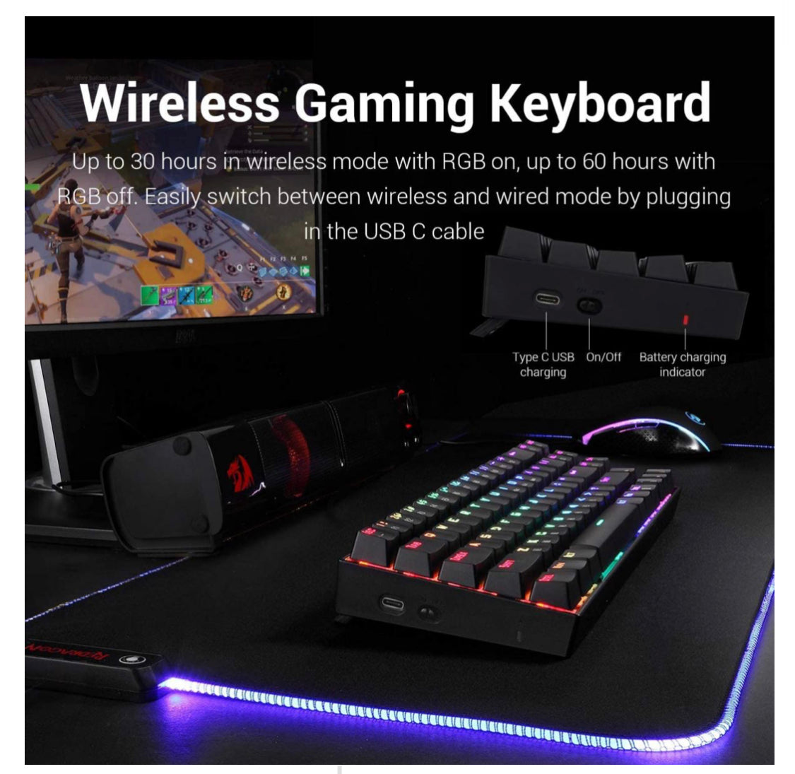 Redragon K599-KRS Wire & Wireless 60% Mechanical Gaming Keyboard